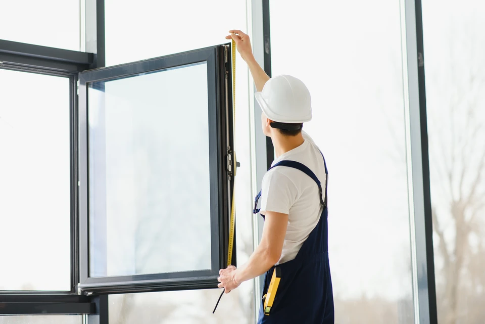 Ouvrier de construction installation d'une fenêtre dans la maison