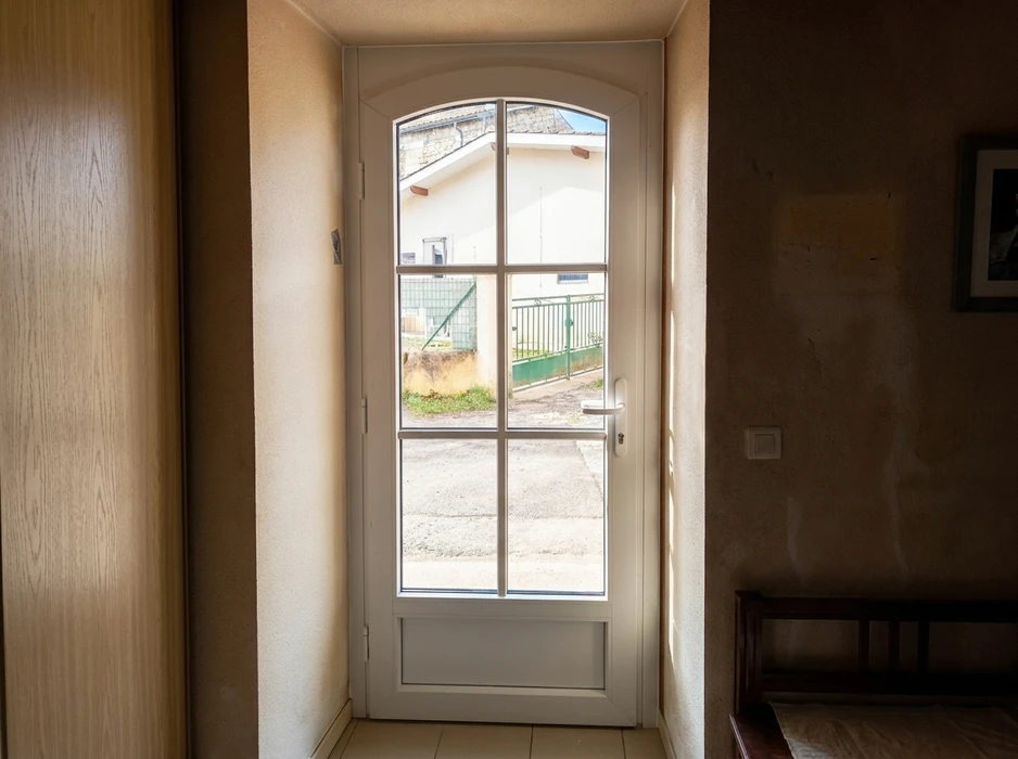 Entrée intérieure d'une maison avec vue sur une cour extérieure