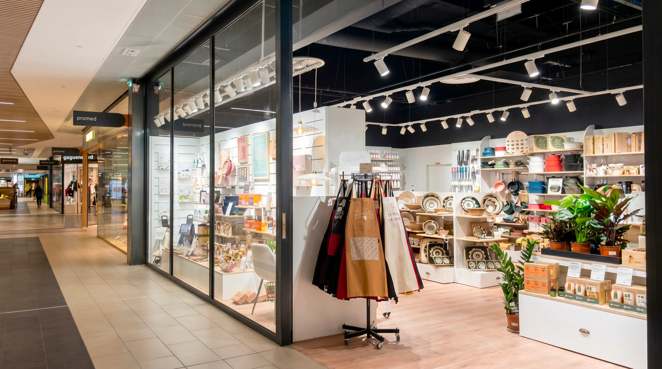 Vitrine lumineuse d'une boutique de cadeaux et d&eacute;coration "La Petite Fabrique" dans un centre commercial