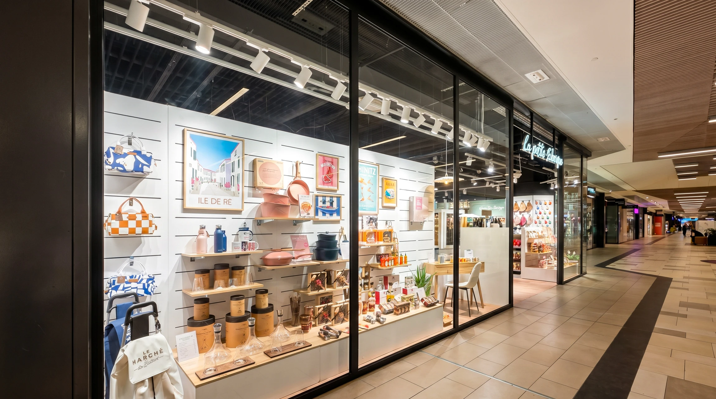 Devanture de magasin "YELLOWKORNER" avec vitrine éclairée présentant des photographies d'art encadrées
